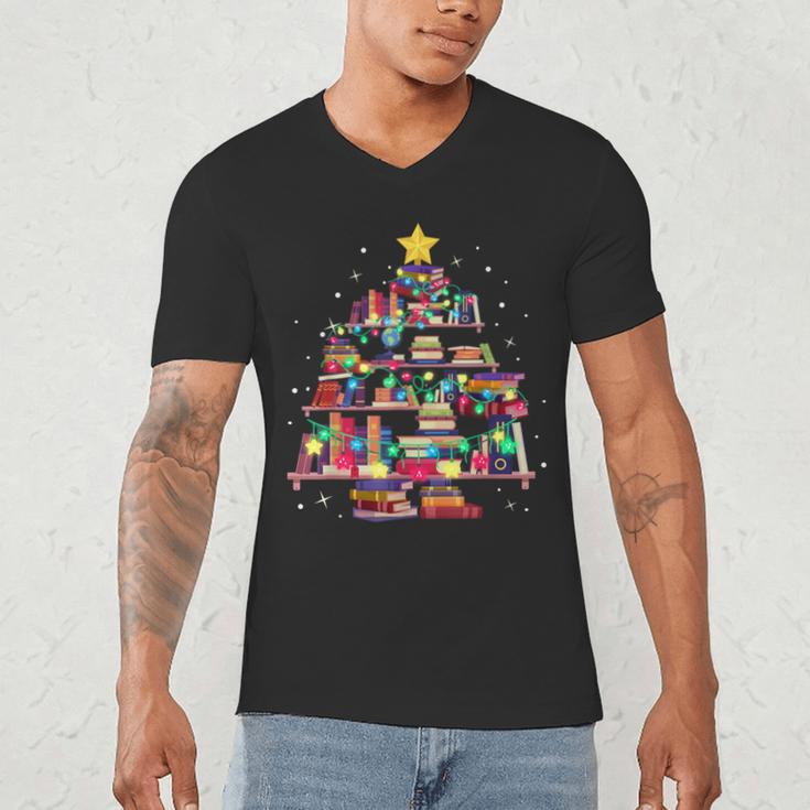 Christmas Library Tree Love Reading Books Nerd Teacher Men's V-Neck T-Shirt, novelty gifts, funny gifts