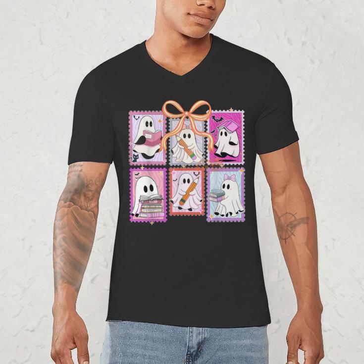 Coquette Bow Spooky Teacher Ghost Halloween Trick Or Teach Men's V-Neck T-Shirt, novelty gifts, funny gifts Coquette Bow Spooky Teacher Ghost Halloween Trick Or Teach Men's V-Neck T-Shirt, novelty gifts, funny gifts