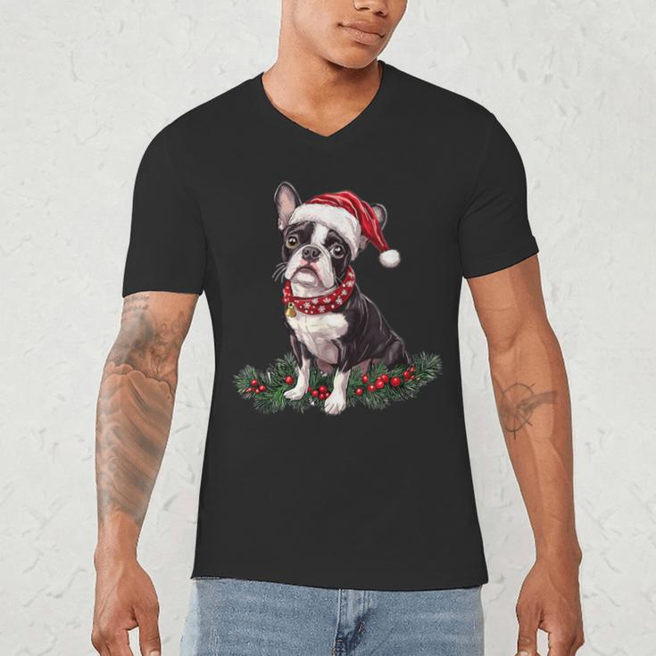 Cute Boston Terrier Dog Christmas Merry X-Mas Graphic Men's V-Neck T-Shirt, novelty gifts, funny gifts