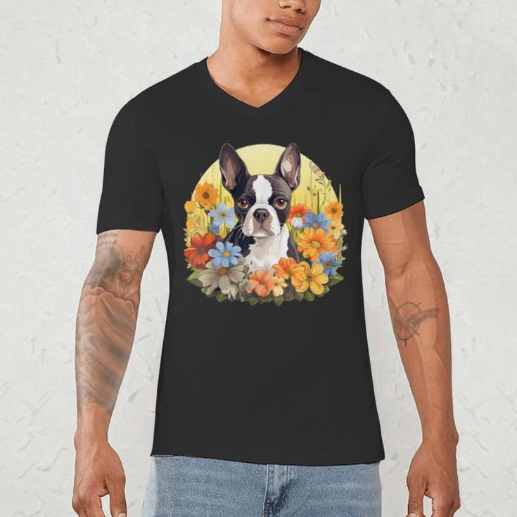 Cute Boston Terrier Spring Flower Garden Colorful Puppy Dog Men's V-Neck T-Shirt, novelty gifts, funny gifts