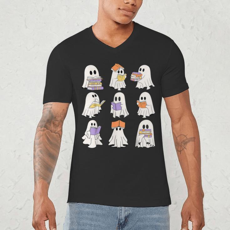 Cute Ghost Reading Books Teacher Halloween Reading Men Women Kids Men's V-Neck T-Shirt, novelty gifts, funny gifts