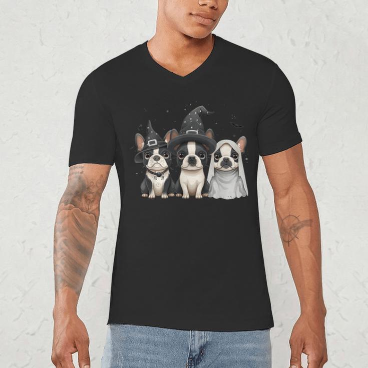 Cute Halloween Boston Terrier Dogs Witch Hat Ghost Dog For Men Women Kids Men's V-Neck T-Shirt, novelty gifts, funny gifts