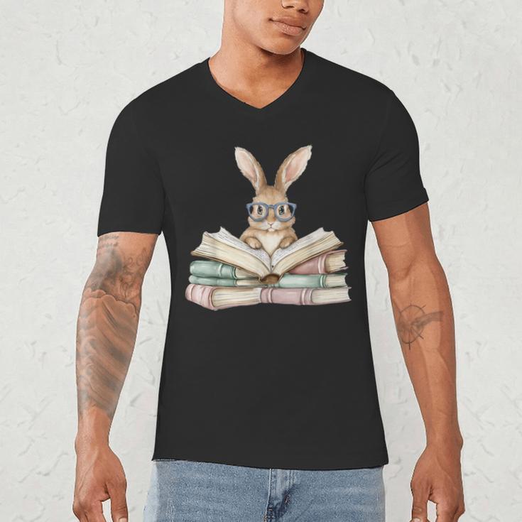 Cute Reading Bunny Glasses Books Bookworm Reader Teacher Men's V-Neck T-Shirt, novelty gifts, funny gifts