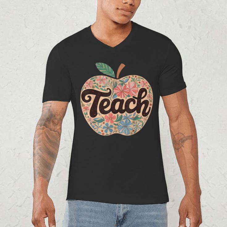 Cute Teacher With Apple Retro Teacher Kids Back To School Men's V-Neck T-Shirt, novelty gifts, funny gifts