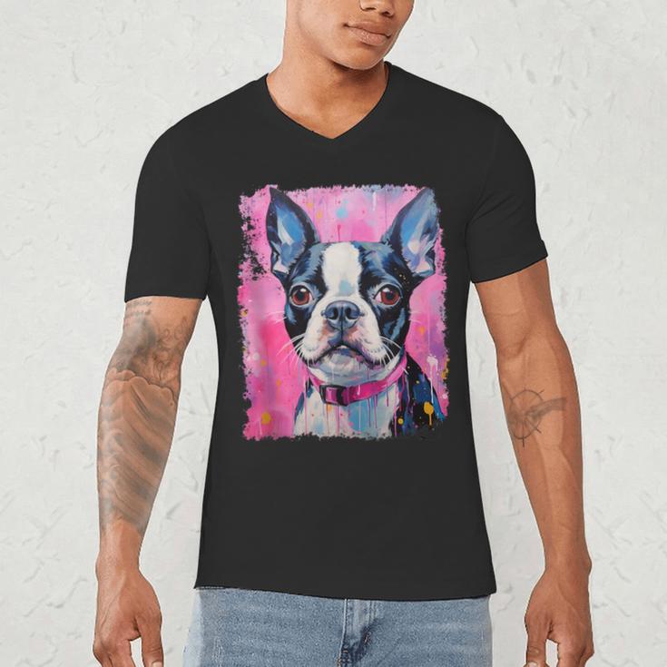 Dog Pink Boston Terrier Men's V-Neck T-Shirt, novelty gifts, funny gifts