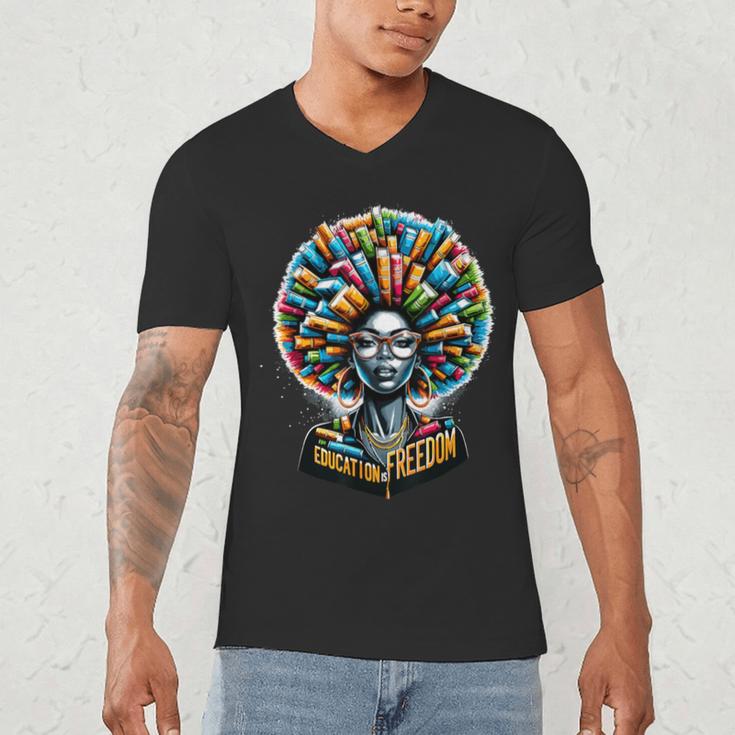 Education Is Freedom History Month Teacher Books Afro Men's V-Neck T-Shirt, novelty gifts, funny gifts