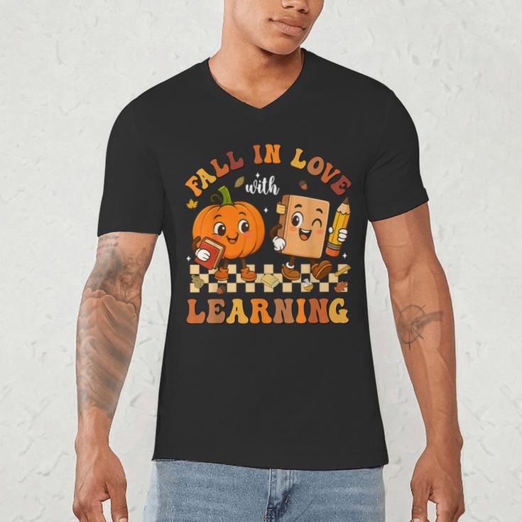 Fall In Love With Reading Book Autumn Pumpkins And Teachers Men's V-Neck T-Shirt, novelty gifts, funny gifts
