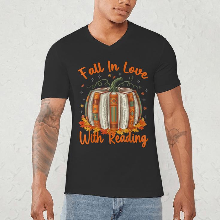 Fall In Love With Reading Pumpkin Autumn Librarians Teacher Men's V-Neck T-Shirt, novelty gifts, funny gifts