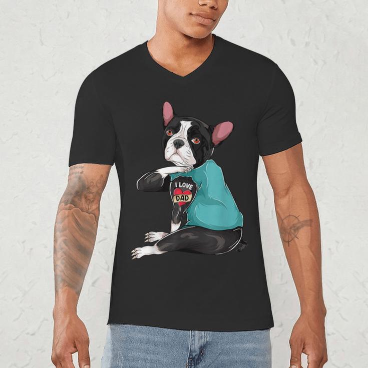 Father's Day Gift Dog Dad Boston Terrier i Love Dad Tattoo Men's V-Neck T-Shirt, novelty gifts, funny gifts
