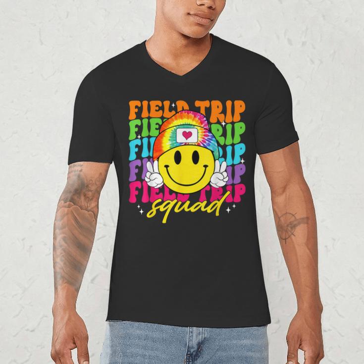 Field Trip Squad Groovy Field Day Smile Face Teacher Tie Dye Men's V-Neck T-Shirt, novelty gifts, funny gifts