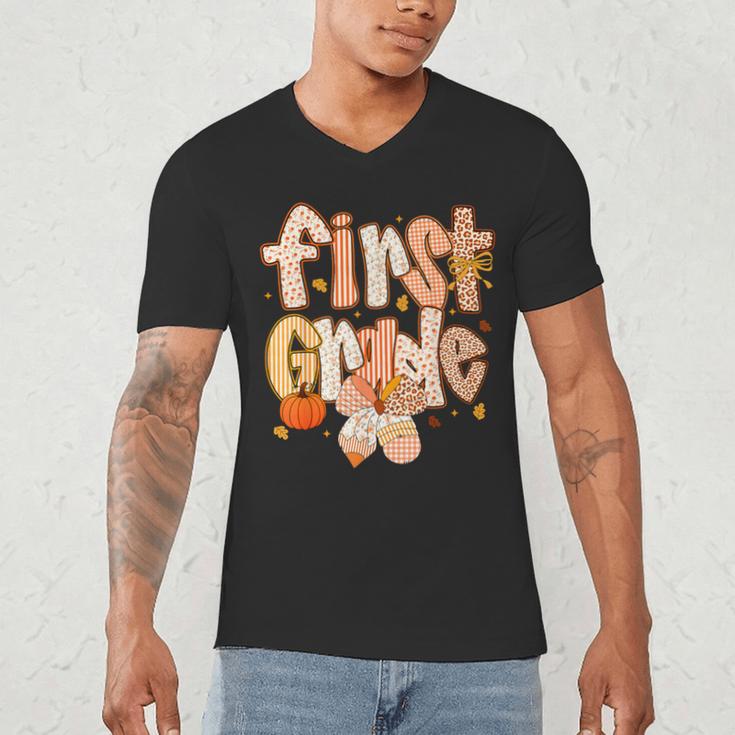 First Grade Fall Floral Coquette Bow Teachers Students Men's V-Neck T-Shirt, novelty gifts, funny gifts First Grade Fall Floral Coquette Bow Teachers Students Men's V-Neck T-Shirt, novelty gifts, funny gifts