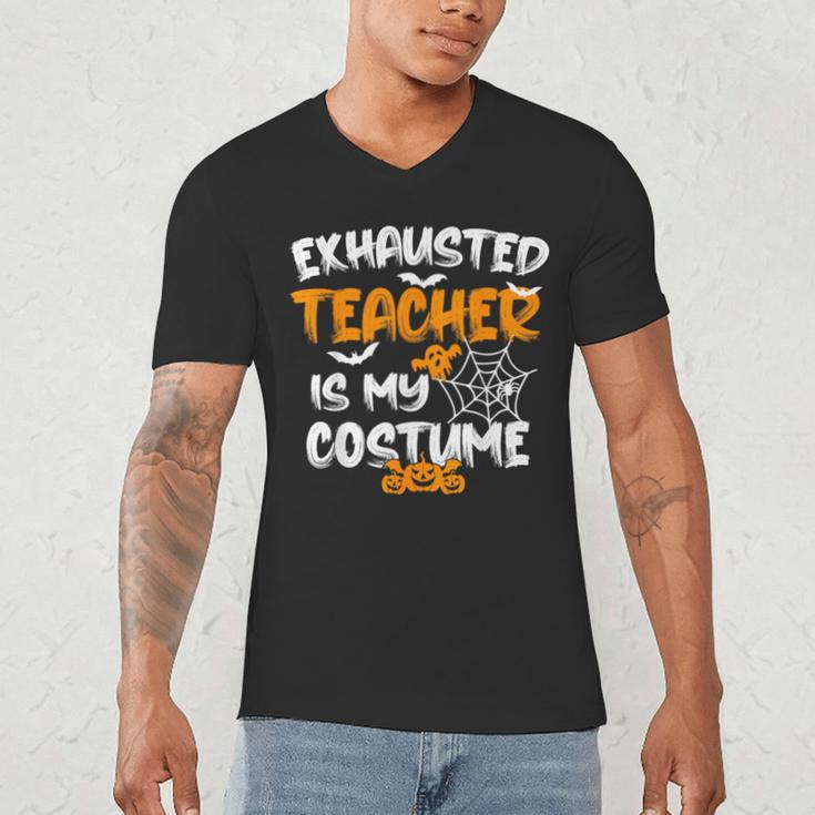 Fun Halloween Sayings Quotes Exhausted Teacher Is My Costume -Adults Short Sleeve Halloween Teacher T-Shirt Small Men's V-Neck T-Shirt, novelty gifts, funny gifts