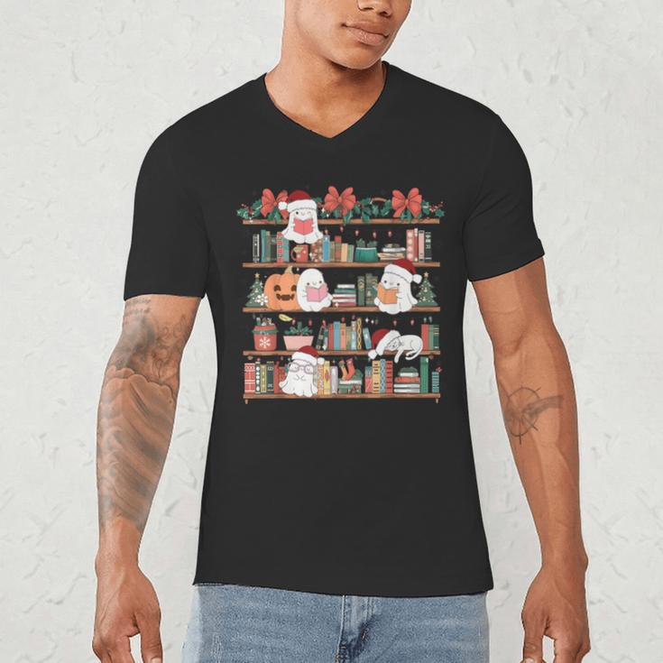 Ghost Christmas Reading Book Lover Library Christmas Teacher Men's V-Neck T-Shirt, novelty gifts, funny gifts