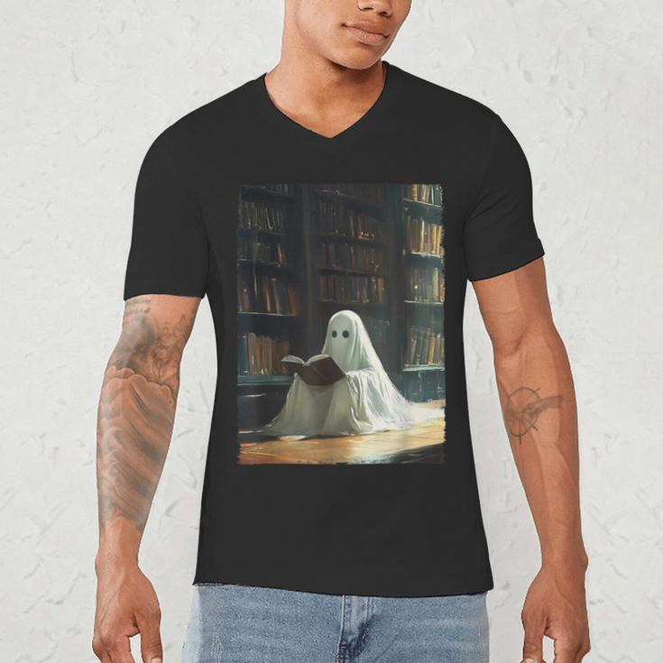 Ghost Library Halloween Book Reading Books Lover Teacher Men's V-Neck T-Shirt, novelty gifts, funny gifts