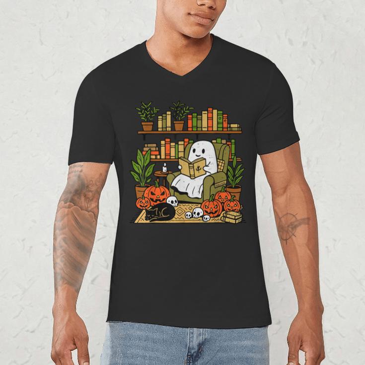 Ghost Library Reading Books Halloween Librarian Teacher Men's V-Neck T-Shirt, novelty gifts, funny gifts