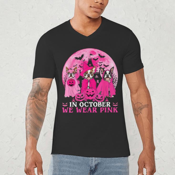 Ghost And Witch Boston Terrier Dog In October We Wear Pink Men's V-Neck T-Shirt, novelty gifts, funny gifts