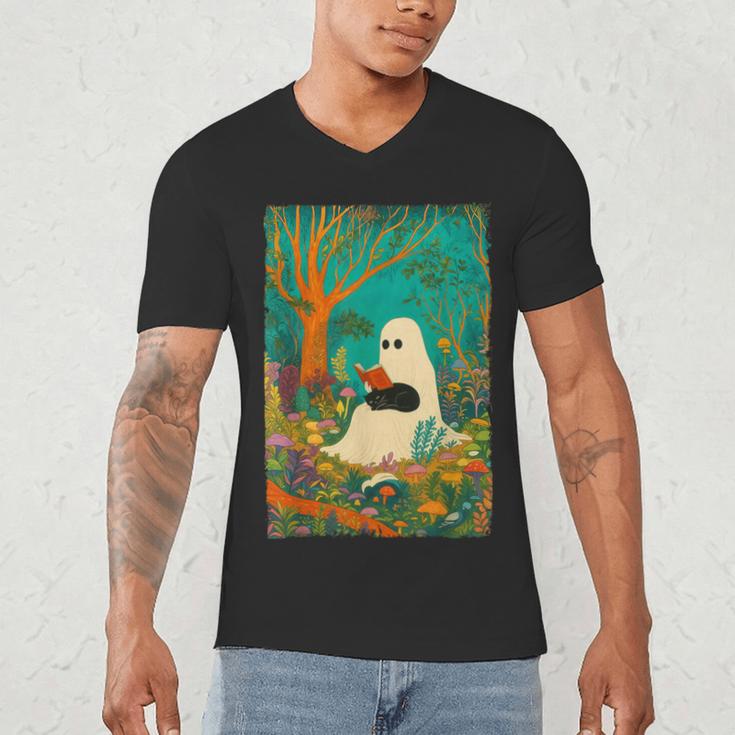 Groovy Ghost Reading Book Cat Halloween Ghost Teacher Men's V-Neck T-Shirt, novelty gifts, funny gifts Groovy Ghost Reading Book Cat Halloween Ghost Teacher Men's V-Neck T-Shirt, novelty gifts, funny gifts