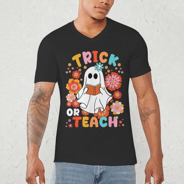 Groovy Halloween Trick Or Teach Retro Floral Ghost Teacher For Men Women Kids Men's V-Neck T-Shirt, novelty gifts, funny gifts