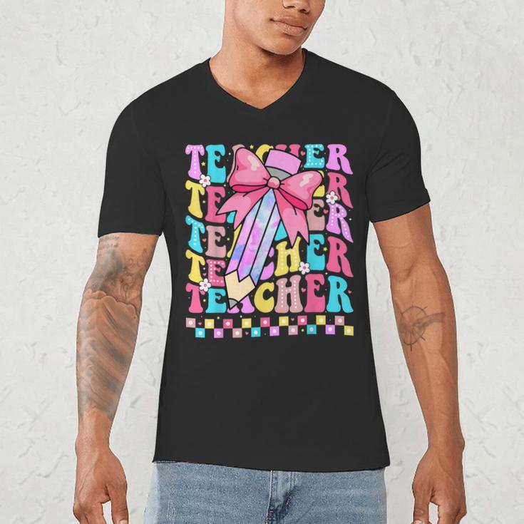 Groovy Teacher Cute Coquette Bow Flower Retro Back To School Men's V-Neck T-Shirt, novelty gifts, funny gifts