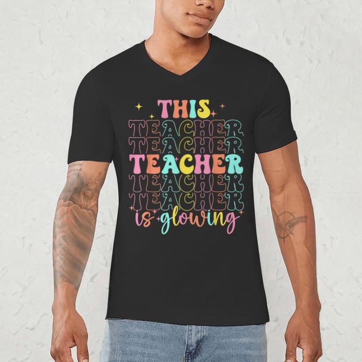 Groovy This Teacher Is Glowing Hello Summer End Of School Men's V-Neck T-Shirt, novelty gifts, funny gifts
