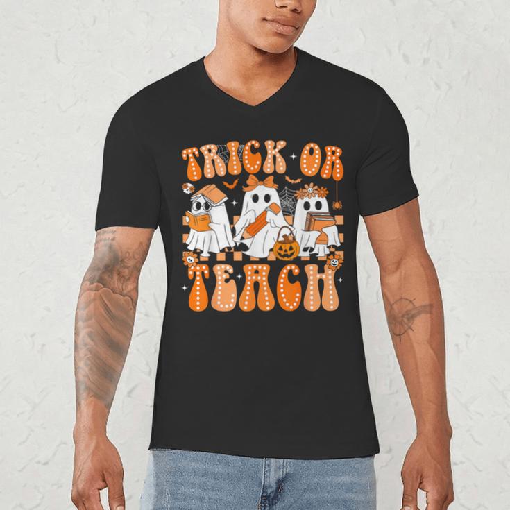 Groovy Teacher Halloween Trick Or Teach Ghost Men Women Kids Men's V-Neck T-Shirt, novelty gifts, funny gifts Groovy Teacher Halloween Trick Or Teach Ghost Men Women Kids Men's V-Neck T-Shirt, novelty gifts, funny gifts