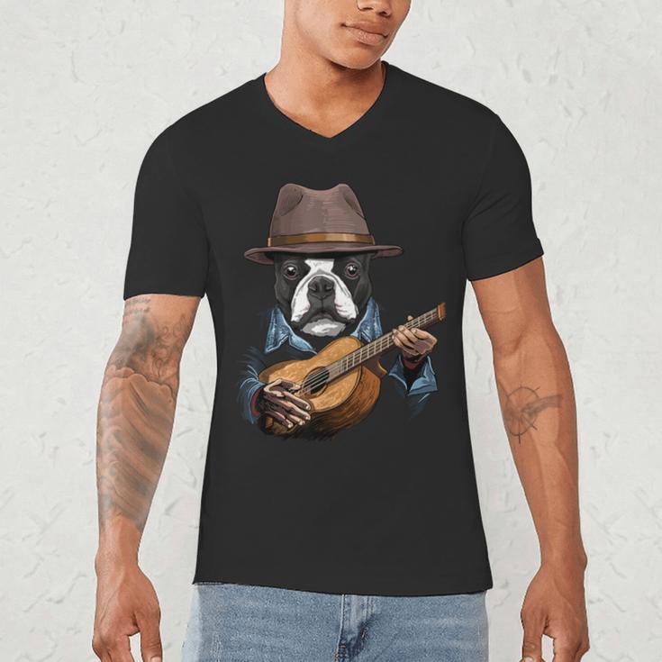 Guitar Shirt Boston Terrier Dog Playing Acoustic Guitar Men's V-Neck T-Shirt, novelty gifts, funny gifts