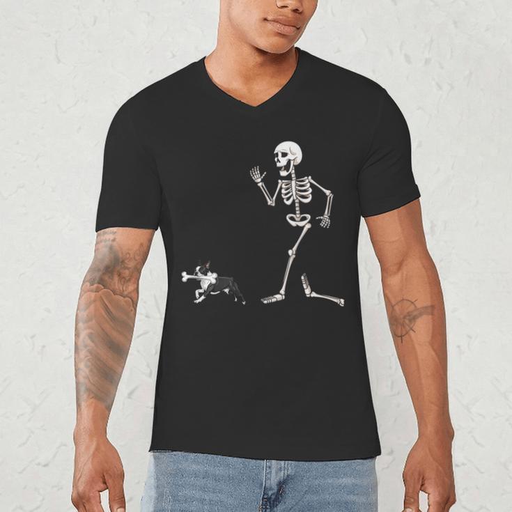 Halloween Boston Terrier And Skeleton Men's V-Neck T-Shirt, novelty gifts, funny gifts