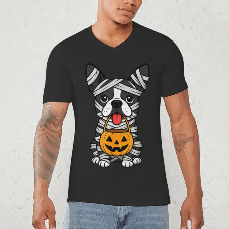 Halloween Dog Boston Terrier Mummy Costume Men Women Kids Men's V-Neck T-Shirt, novelty gifts, funny gifts
