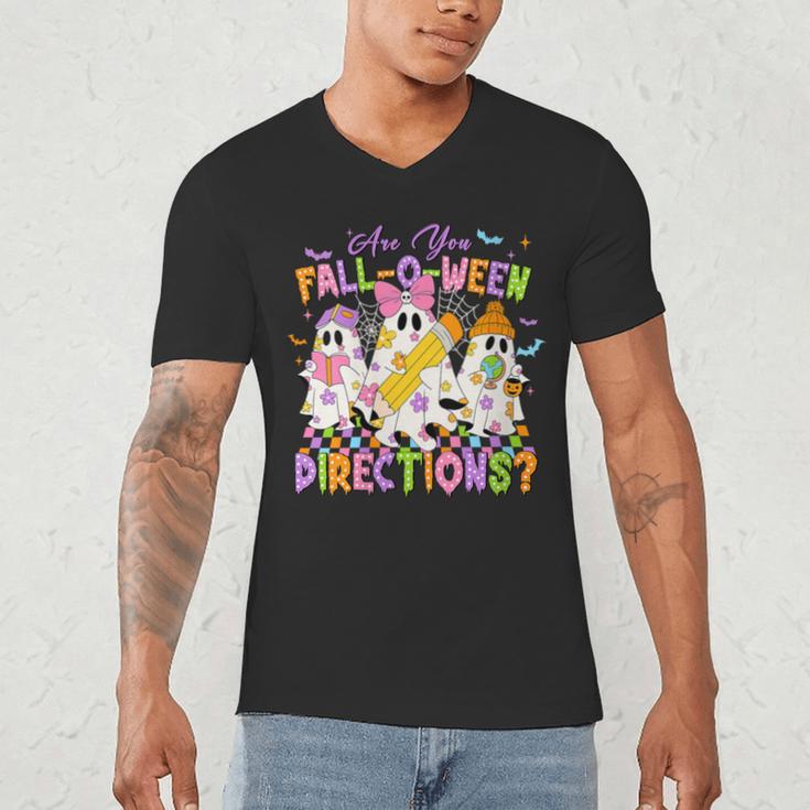 Halloween Floral Ghost Teacher Are You Falloween Directions Men's V-Neck T-Shirt, novelty gifts, funny gifts