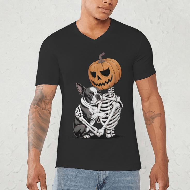 Halloween Skeleton Boston Terrier Men's V-Neck T-Shirt, novelty gifts, funny gifts