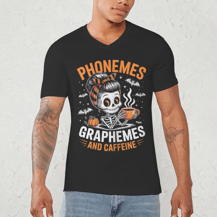 Halloween Skeleton Teacher Phonemes Graphemes Caffeine Lover Men's V-Neck T-Shirt, novelty gifts, funny gifts Halloween Skeleton Teacher Phonemes Graphemes Caffeine Lover Men's V-Neck T-Shirt, novelty gifts, funny gifts