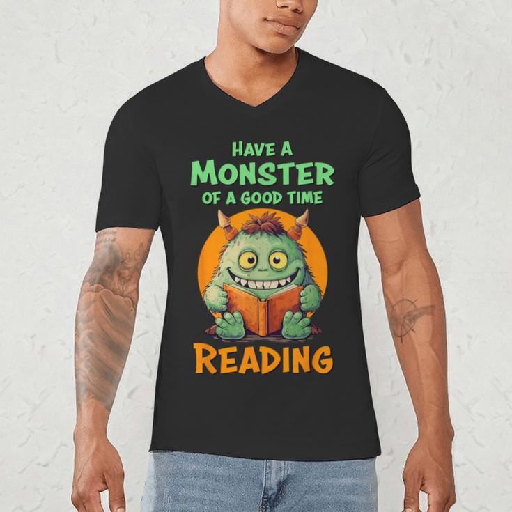 Halloween Teacher Librarian Monster Reading Books Men Women Kids Men's V-Neck T-Shirt, novelty gifts, funny gifts