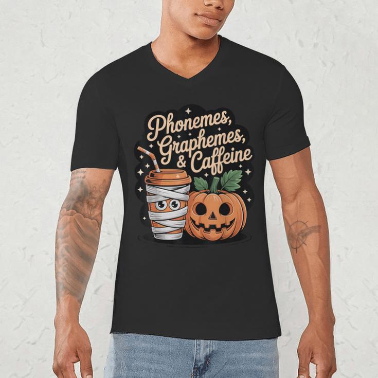 Halloween Teacher Phonemes Graphemes Caffeine Coffee Lover Men's V-Neck T-Shirt, novelty gifts, funny gifts Halloween Teacher Phonemes Graphemes Caffeine Coffee Lover Men's V-Neck T-Shirt, novelty gifts, funny gifts
