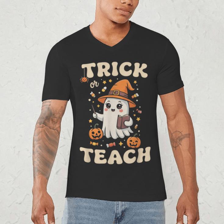 Halloween Teacher Shirts Women School Trick Or Teach Groovy Men's V-Neck T-Shirt, novelty gifts, funny gifts