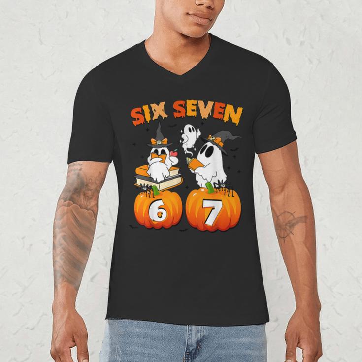 Haunted By 67 Boo Ghost Pumpkin Halloween Teacher Men's V-Neck T-Shirt, novelty gifts, funny gifts