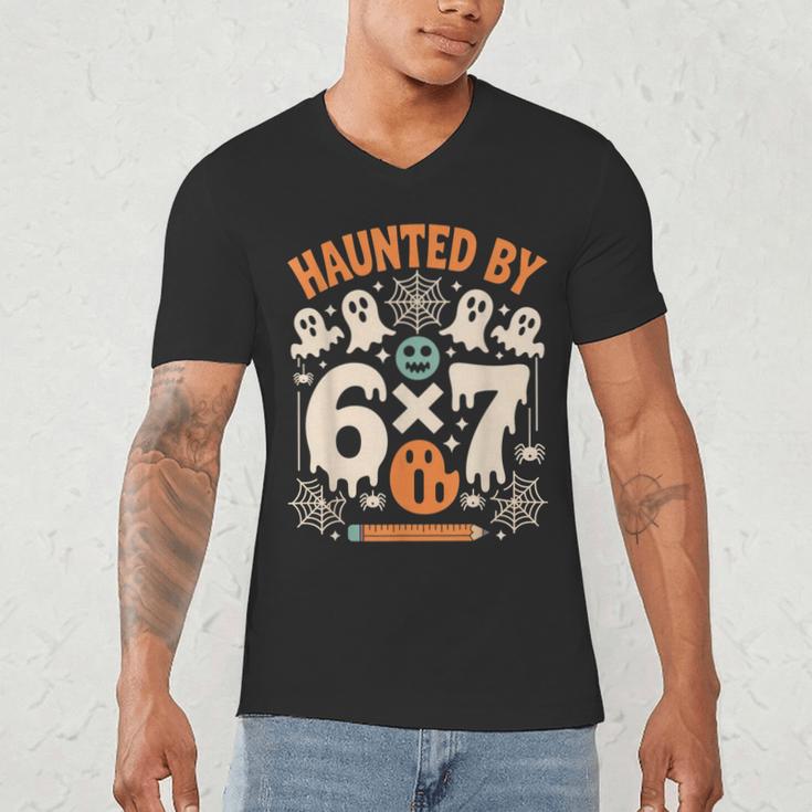 Haunted By 6x7 Math Teacher Halloween Pun Men's V-Neck T-Shirt, novelty gifts, funny gifts