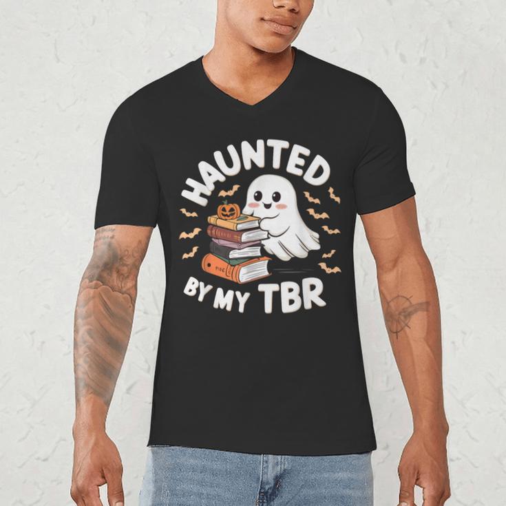 Haunted By My TBR Cute Ghost Book Reading Teacher Halloween Men's V-Neck T-Shirt, novelty gifts, funny gifts