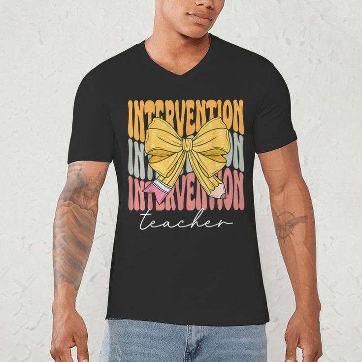 Interventionist Teacher Groovy Coquette Bow Back To School Men's V-Neck T-Shirt, novelty gifts, funny gifts Interventionist Teacher Groovy Coquette Bow Back To School Men's V-Neck T-Shirt, novelty gifts, funny gifts