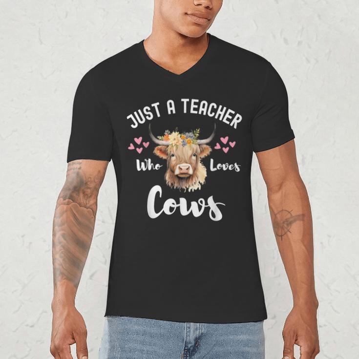 Just A Teacher Who Loves Cows Shirt Cute Highland Cow Men's V-Neck T-Shirt, novelty gifts, funny gifts