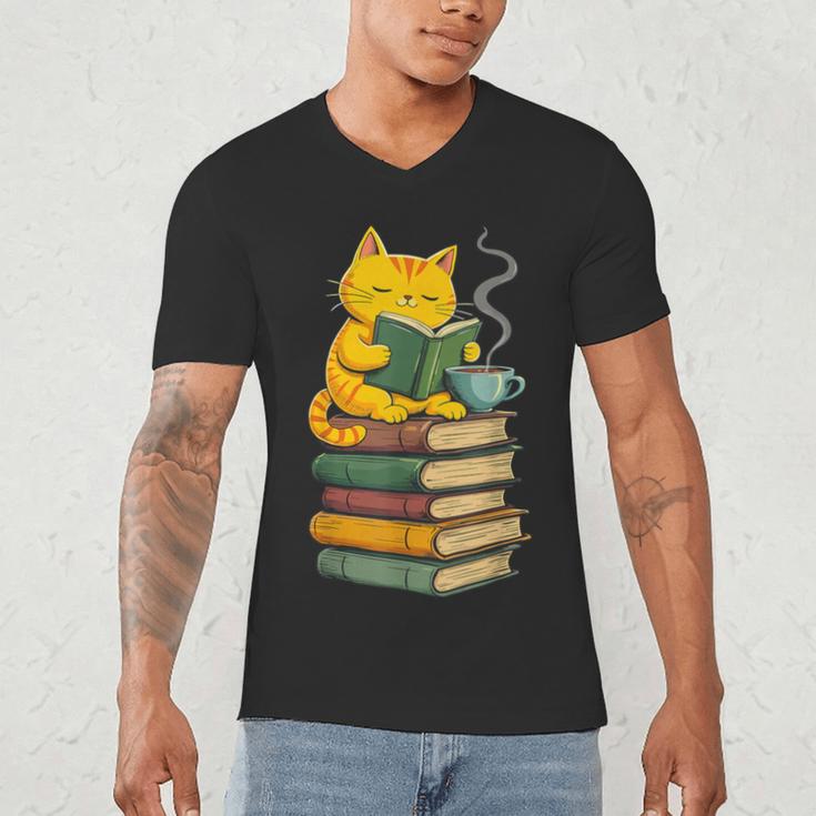Kawaii Cats Lover Coffee Books Teacher Librarian Cat Men's V-Neck T-Shirt, novelty gifts, funny gifts