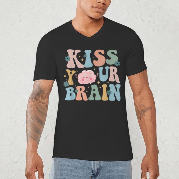 Kiss Your Brain Teacher Inspire Educate Groovy Retro Vintage Men's V-Neck T-Shirt, novelty gifts, funny gifts Kiss Your Brain Teacher Inspire Educate Groovy Retro Vintage Men's V-Neck T-Shirt, novelty gifts, funny gifts