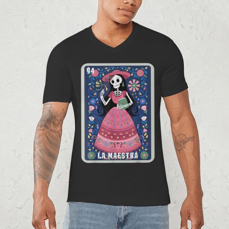 La Maestra Halloween Mexican Bingo Card Teacher Lottery Card Men's V-Neck T-Shirt, novelty gifts, funny gifts La Maestra Halloween Mexican Bingo Card Teacher Lottery Card Men's V-Neck T-Shirt, novelty gifts, funny gifts