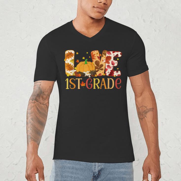 Love First Grade Happy Fall Thanksgiving Women 1st Teacher Men's V-Neck T-Shirt, novelty gifts, funny gifts