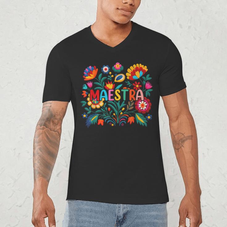 Maestra Flowers Spanish Teacher Cinco De Mayo Men's V-Neck T-Shirt, novelty gifts, funny gifts