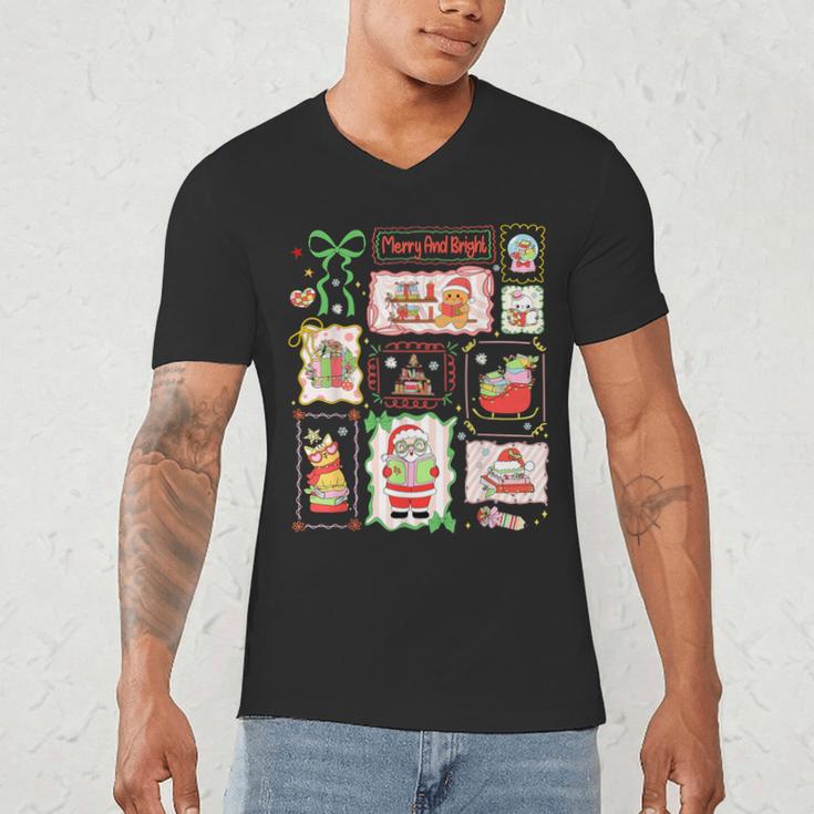 Merry And Bright Christmas Gingerbread Santa Book Teacher Men's V-Neck T-Shirt, novelty gifts, funny gifts