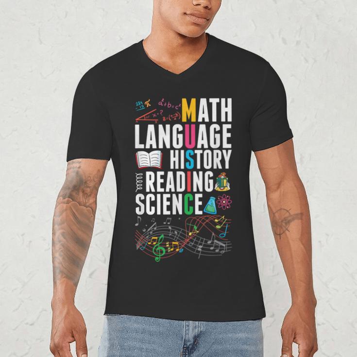 Music Teacher Music Math Language History Reading Science Men's V-Neck T-Shirt, novelty gifts, funny gifts