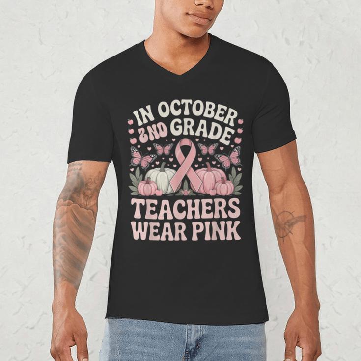In October 2nd Grade Teachers Wear Pink Ribbon Breast Cancer Men's V-Neck T-Shirt, novelty gifts, funny gifts