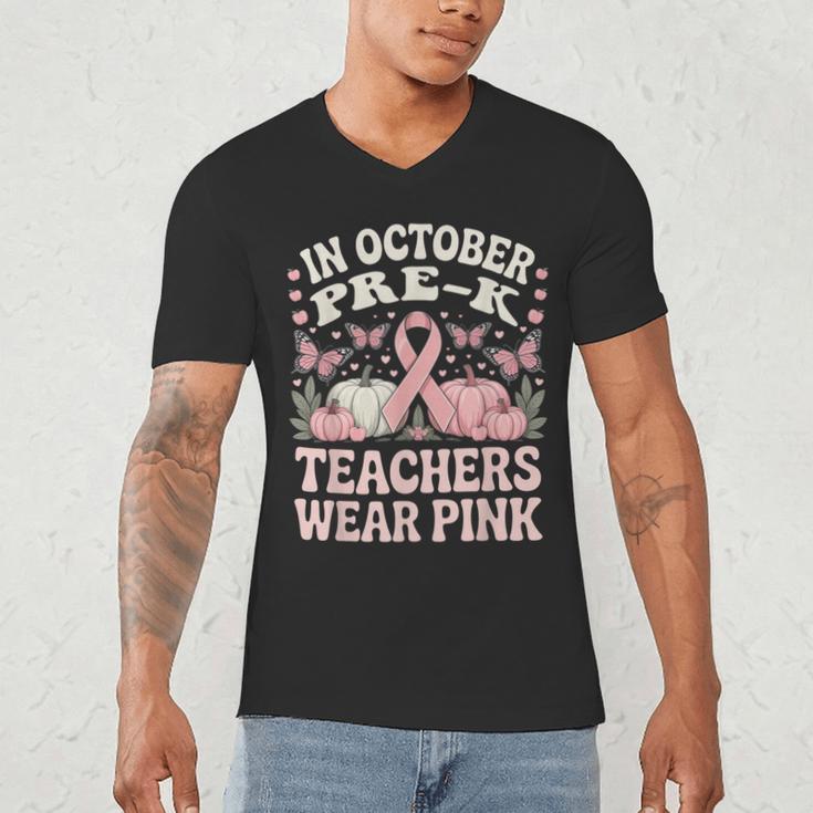 In October Pre-K Teachers Wear Pink Ribbon Breast Cancer Men's V-Neck T-Shirt, novelty gifts, funny gifts