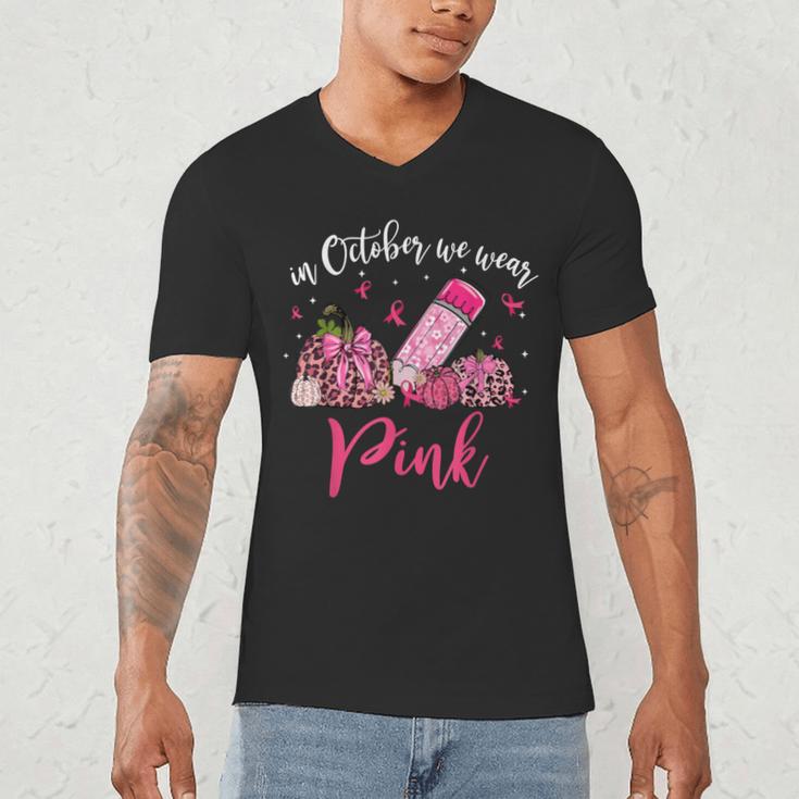 In October We Wear Pink Apple Teacher Daisy Breast Cancer Men's V-Neck T-Shirt, novelty gifts, funny gifts