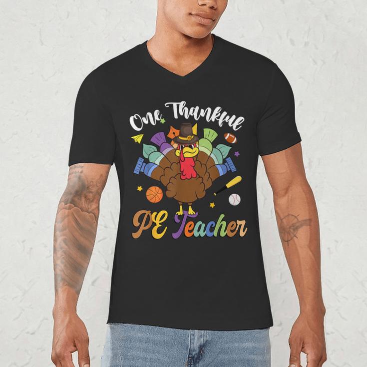 One Thankful PE Teacher Turkey Thanksgiving -Adults & Kids Classic Fit Polyester 100 Short Sleeve Men's V-Neck T-Shirt, novelty gifts, funny gifts